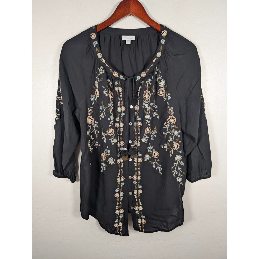 J Jill Blouse Women's Medium Pullover Top Embroidered Floral Button Up Tassels
